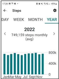 Screengrab of Martin's fitness tracker, showing his 2022 stats, with a monthly average of 749,159 steps.